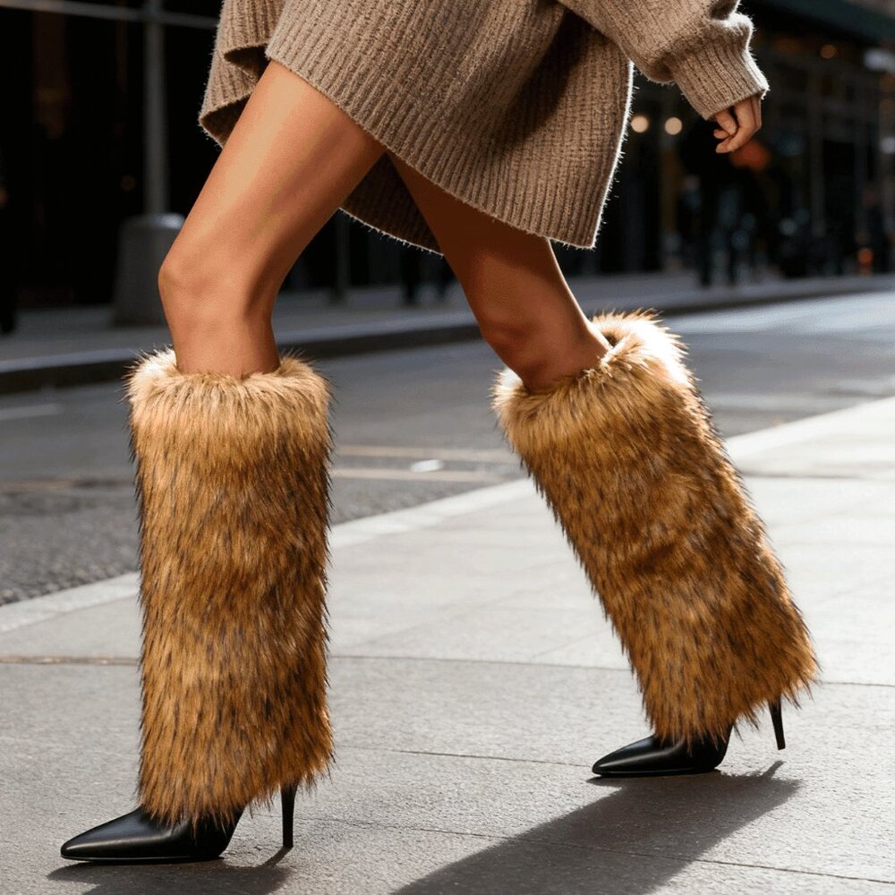 Brown tones Women's  Knee High Faux Fur Stiletto Heel Boots